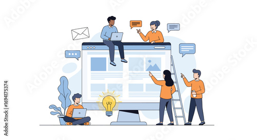 Diverse team collaborating on a digital project building a website interface together