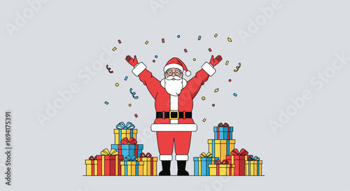 Santa claus celebrating christmas surrounded by a bounty of beautifully wrapped gifts and colorful falling confetti