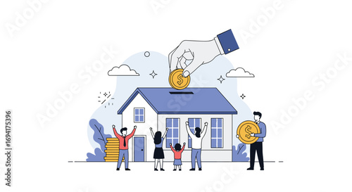 Illustrating the concept of saving money for a dream home with a happy family celebrating their financial goals