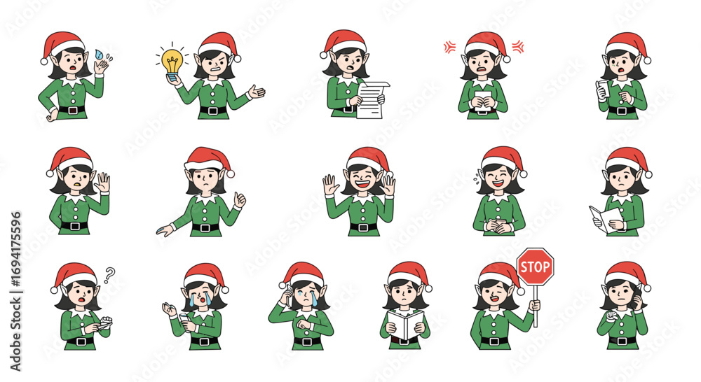 Fototapeta premium Collection of christmas elf illustrations depicting various emotions and actions