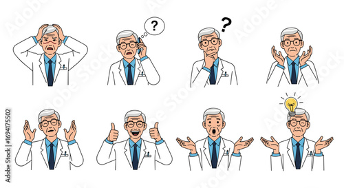 Expressions of a confused doctor showcasing various emotional states and mental processes during medical consultations and problem solving scenarios