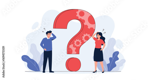 Confused individuals contemplating complex problems symbolized by a giant question mark illustration