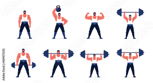Illustrations of a muscular man performing various weightlifting exercises and strength training routines with dumbbells and barbells in a gym setting