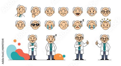 An elderly gentleman depicted with various expressive emotions and poses showing his character and moods accurately