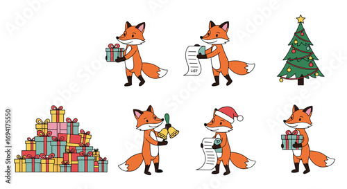 Adorable foxes celebrating christmas holidays with presents and festive decorations