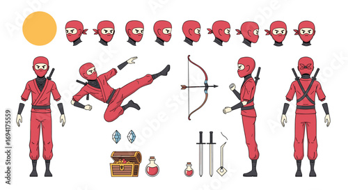 Red ninja character sprite sheet collection with various poses and equipment for game development