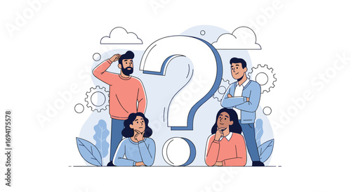 Diverse group of people pondering a giant question mark symbol seeking solutions together