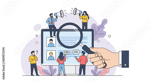 Recruitment team diligently searching for ideal candidates through digital platform with magnifying glass analysis