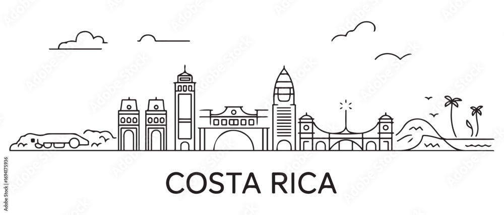 Obraz premium Costa Rica Line Art skyline. Travel Costa Rica famous landmarks. Business and tourism concept for presentation, banner, web site. with white background