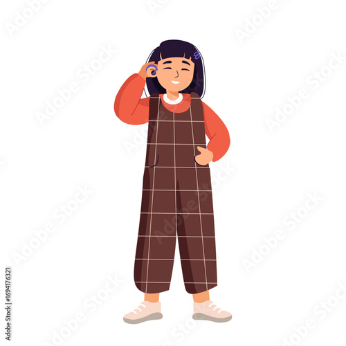 Happy child with disability has equipment for deaf people. Person with hearing problems, help of hearing. Little girl with ear equipment. Concept of deafness. Flat cartoon vector illustration on white