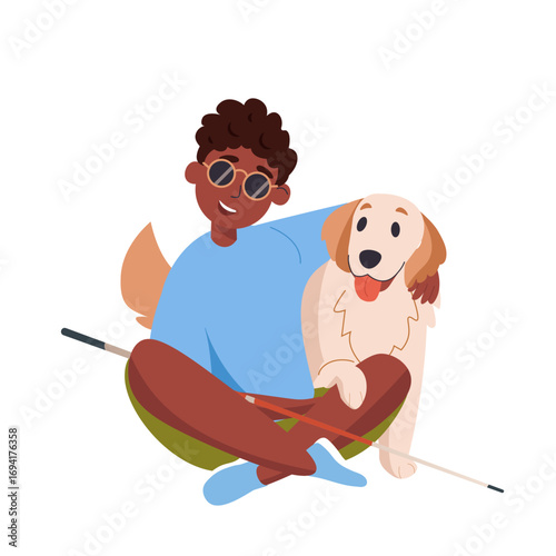 Blind boy  with a guide dog. Teenage with disability in sunglasses hugs his guide dog. Visually impaired person with a cane and seeing-eye labrador. Inclusive city. Flat vector illustration on white.