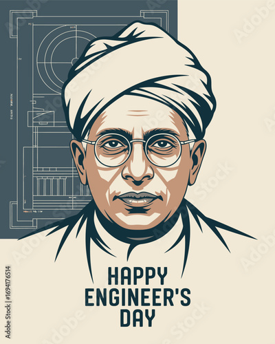 Happy Engineer’s Day Sir M. Visvesvaraya Portrait with Engineering Blueprint