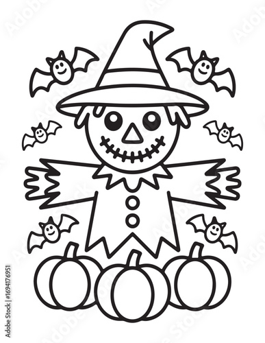 Spooky Halloween Coloring Book Pages For Kids-Adults,  Vectors Illustration, Line Art, Black & White Designs, Bold-Easy, A4 Size 8.5x11" Inches