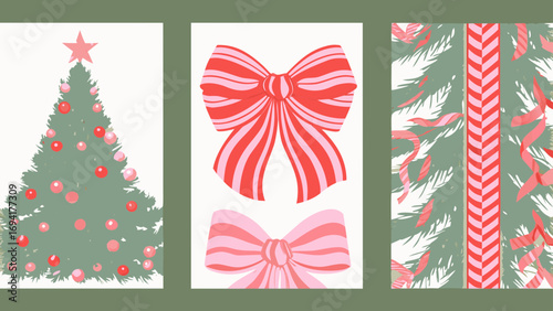 Christmas tree and bows silhouette isolated on white background