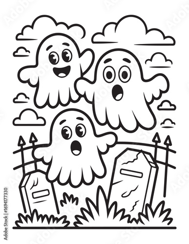 Spooky Halloween Coloring Book Pages For Kids-Adults,  Vectors Illustration, Line Art, Black & White Designs, Bold-Easy, A4 Size 8.5x11" Inches