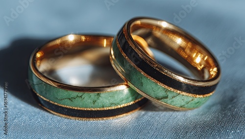Gold rings with green and black inlay, close-up