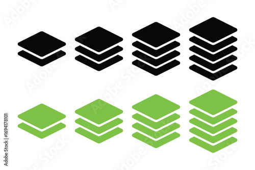 Stacked Layers Icon Set – Vector Outline and Solid Symbols for Levels, Tiers, Structure and Business Design.