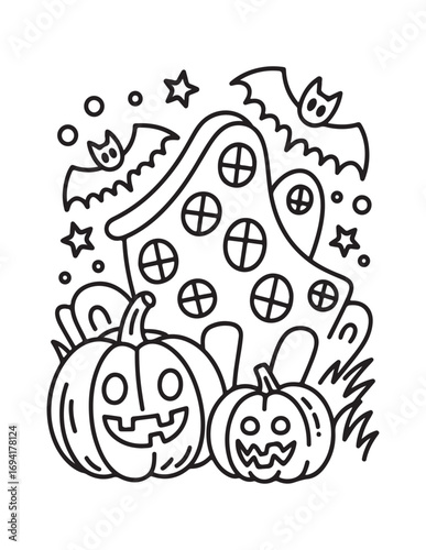 Spooky Halloween Coloring Book Pages For Kids-Adults,  Vectors Illustration, Line Art, Black & White Designs, Bold-Easy, A4 Size 8.5x11" Inches