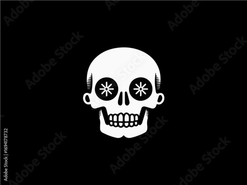 Bold white skull graphic with stylized starburst eyes on a stark black backdrop