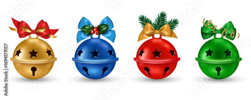 Jingle bells colorful icons set isolated on white background. Vector illustration. Merry Christmas Happy New Year 3d metal object. Xmas tree winter decoration, red ribbon bow. Party poster banner