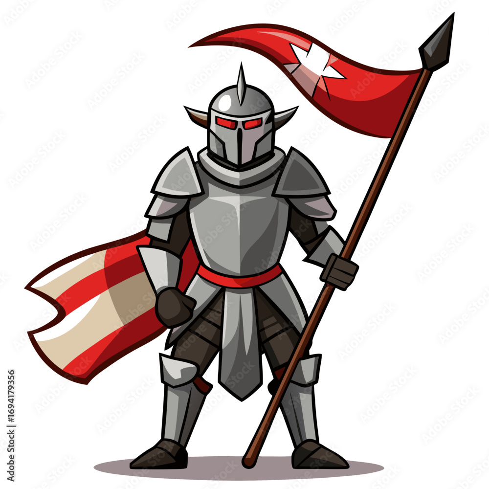 Obraz premium Cartoon knight holding a flag silhouette isolated on white background