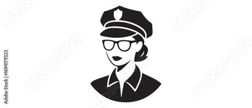 Logo of a police-girl in glasses and cap. Vector black silhouette. with white background