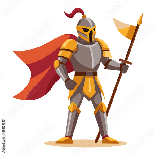 Cartoon knight holding a flag silhouette isolated on white background
