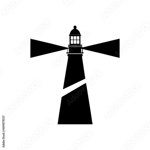 Black lighthouse with light rays on transparent background silhouette