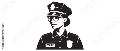 Logo of a police-girl in glasses and cap. Vector black silhouette. with white background