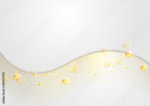 Thin golden wavy lines and flowing liquid bubbles abstract luxury background. Graphic vector design