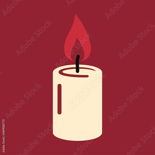 A simple illustration of a lit candle with a red flame against a burgundy background.