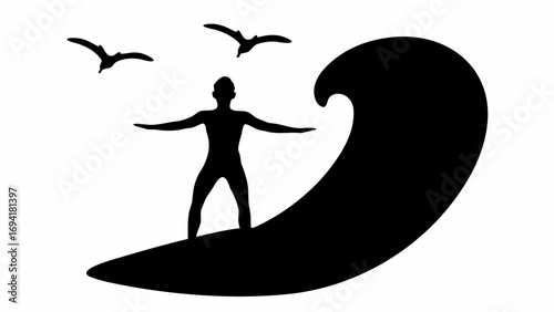 Silhouette of a surfer riding a wave with arms outstretched under flying birds in black and white art