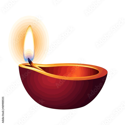 A lit earthenware diya, traditional oil lamp, glows with a bright flame.