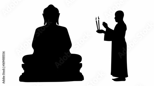 Silhouette of buddha statue with monk holding candles in a religious offering ceremony depicted in black