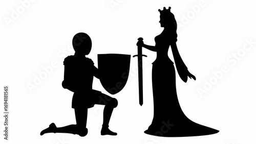 Silhouette of knight kneeling before queen holding sword and shield in a black and white illustration