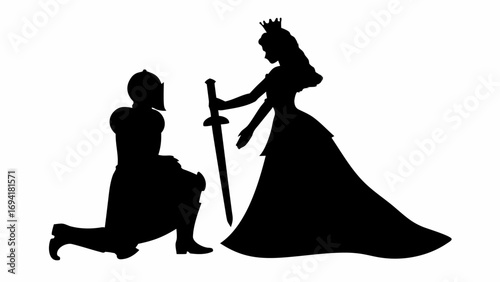 Silhouette of a knight kneeling before a queen presenting a sword in a black and white illustration