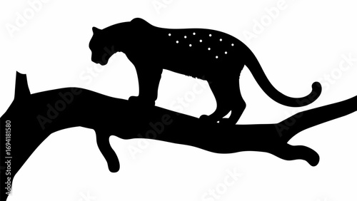 Silhouette of a spotted jaguar perched atop a tree branch against a stark white background scene view