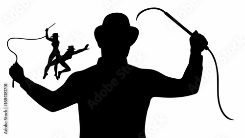 Silhouette of a man with a hat holding a whip with two figures in the background also with whips