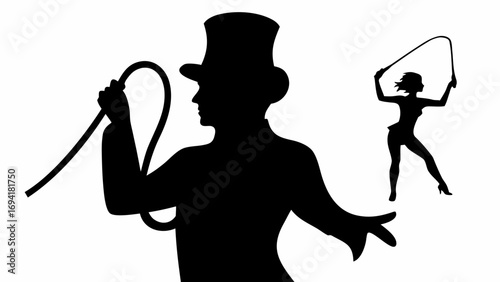Silhouette of a ringmaster with a whip and a woman performing with a whip in the background