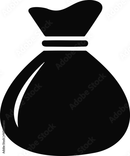 A black and white illustration of a money bag isolated on white background