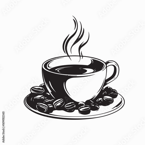 Delicious Hot Coffee Cup with Coffee Beans Vector Illustration Design