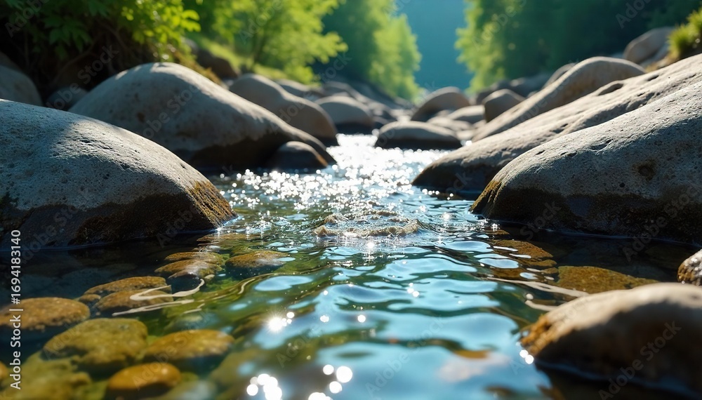 Fototapeta premium Serene Sunlight Dapples Crystal-Clear Stream Flowing Over Smooth Rocks in a Tranquil Natural Scene - Ideal for Nature, Travel, and Environmental Projects