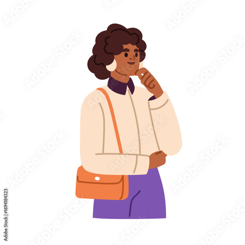 Woman with thoughtful face expression. Black business lady, smiling and contemplating. Elegant female thinking, pondering, deciding, planning. Flat vector illustration isolated on white background
