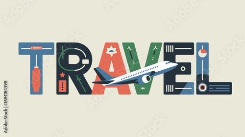 Travel typography with airplane and graphic elements in each letter on a light beige background