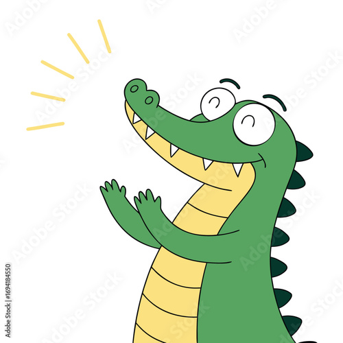 Joyful alligator character clapping enthusiastically, celebrating a fun achievement with bright yellow accents
