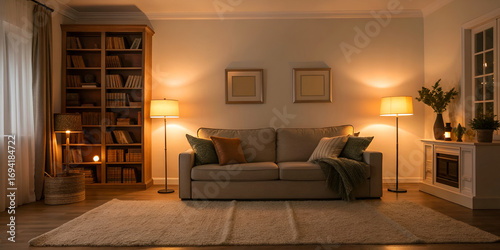 Cozy evening living room setup with warm lamps and soft sofa
