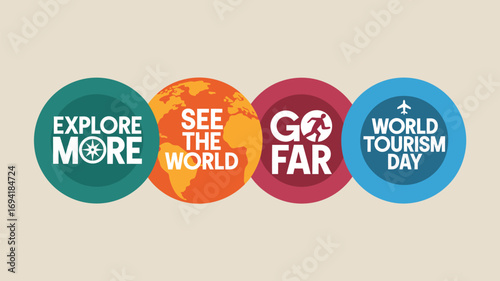 Four circular icons promoting world tourism day with travel themed messages and graphics on a beige background