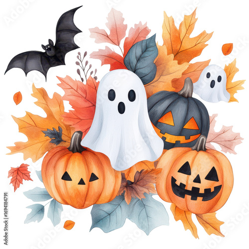 Whimsical watercolor Halloween arrangement with a cute ghost and pumpkins 