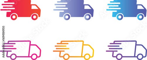 Fast and free shipping delivery truck gradient icons set for app and website. Set of colorful gradient delivery truck icons with speed lines, representing fast shipping, express delivery, for courier 