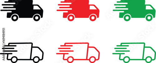 Fast and free shipping delivery truck flat icons set for app and website. Set of colorful flat delivery truck icons with speed lines, representing fast shipping, express delivery, for courier service.
